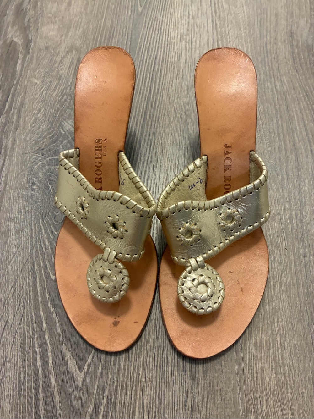 Jack Rogers metallic gold Medallions leather thong wedge sandals- Size 9 M